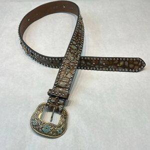 Nocona Womens Brown Leather Belt Stitched Flower Medium Silver Rhinestone Buckle
